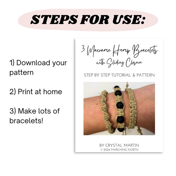 3 Macrame Hemp Bracelet Patterns | Sliding Closure *DIGITAL PDF PATTERN*