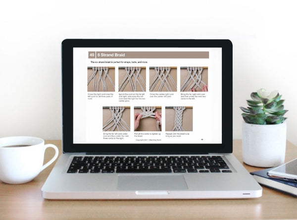 Laptop showing a page from Macrame Knots Ebook for how to tie a 6 strand braid