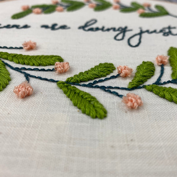 up close shot showing leaf stitches and flowers