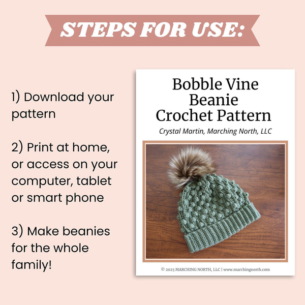 Bobble Vine Beanie Crochet Pattern | 5 Sizes Newborn to Adult | PDF Pattern