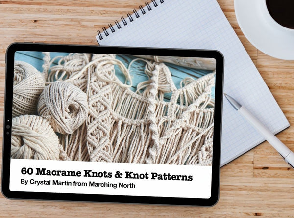 tablet on a desk with the cover of Macrame Knots Ebook on the screen