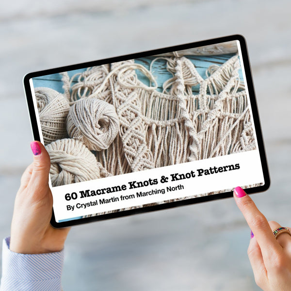 cover of 60 Macrame Knots & Knot Patterns ebook on a tablet screen with a womans hands